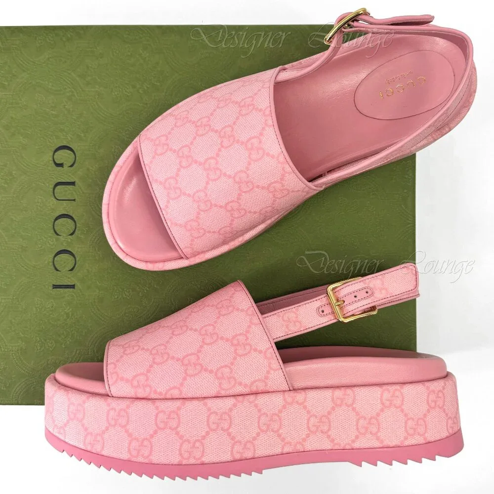 NEW GUCCI Angelina GG Pink Supreme Canvas Slingback Platform Sandals EU 39.5
